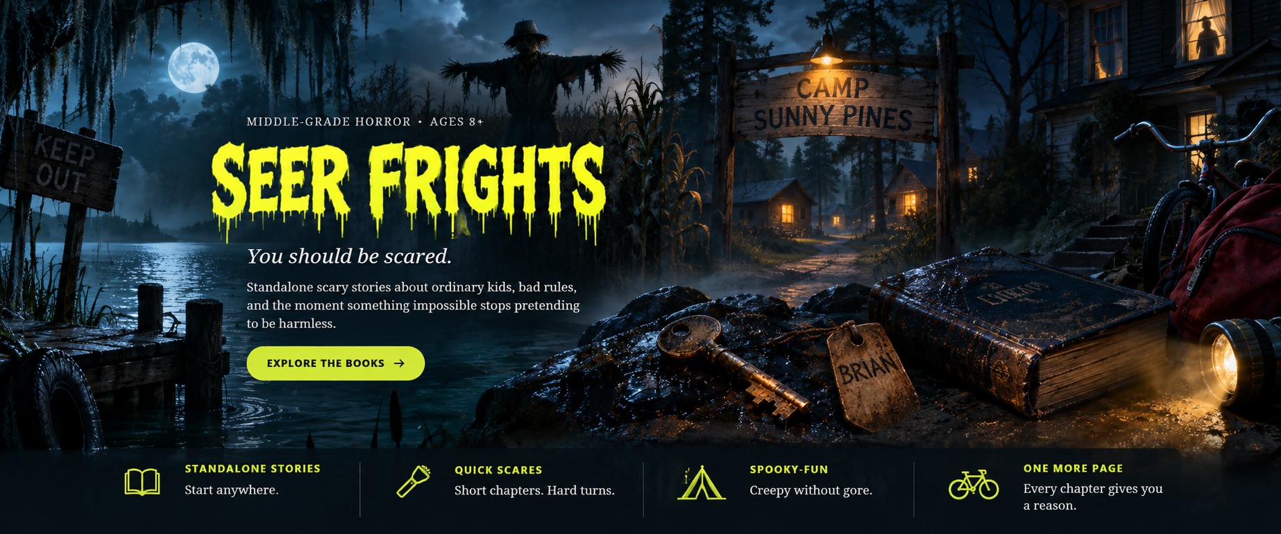 A moonlit Seer Frights world combining a swamp dock, scarecrow field, Camp Sunny Pines, an ominous house, bicycle and backpack, with a key and name tag in the foreground.